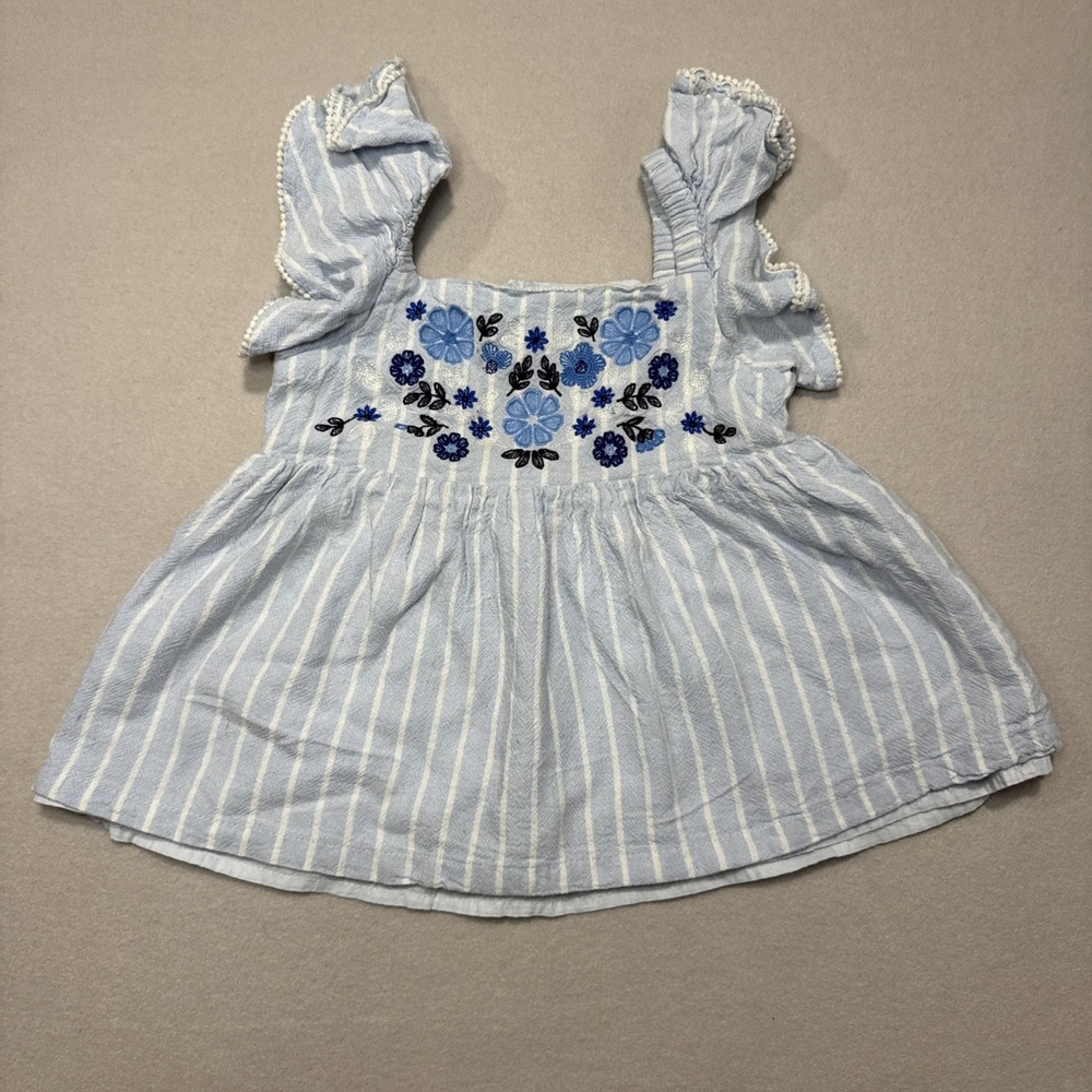 Max studio Girls Linen Blue Stripe Floral Babydoll Lined Tank Sz 5T